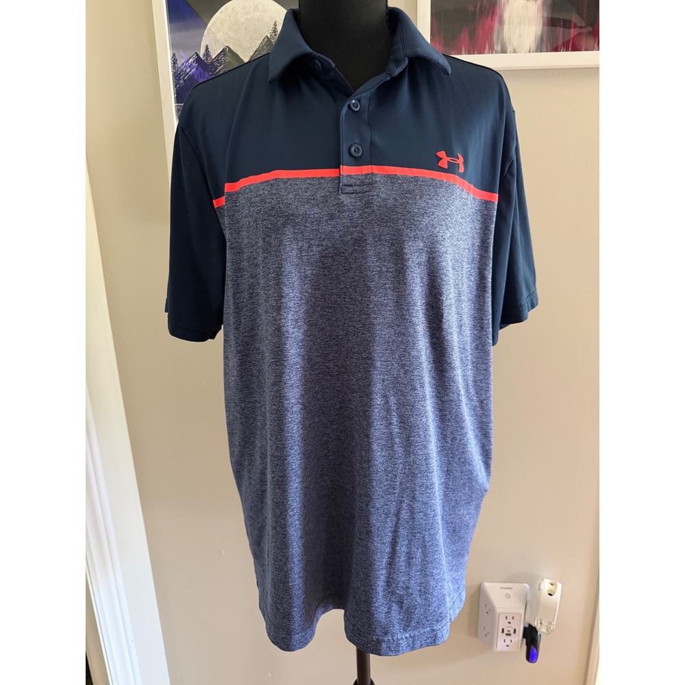 Under Armour Mens The Playoff Polo Shirt Navy Heather Blue Orange Stripe Size M